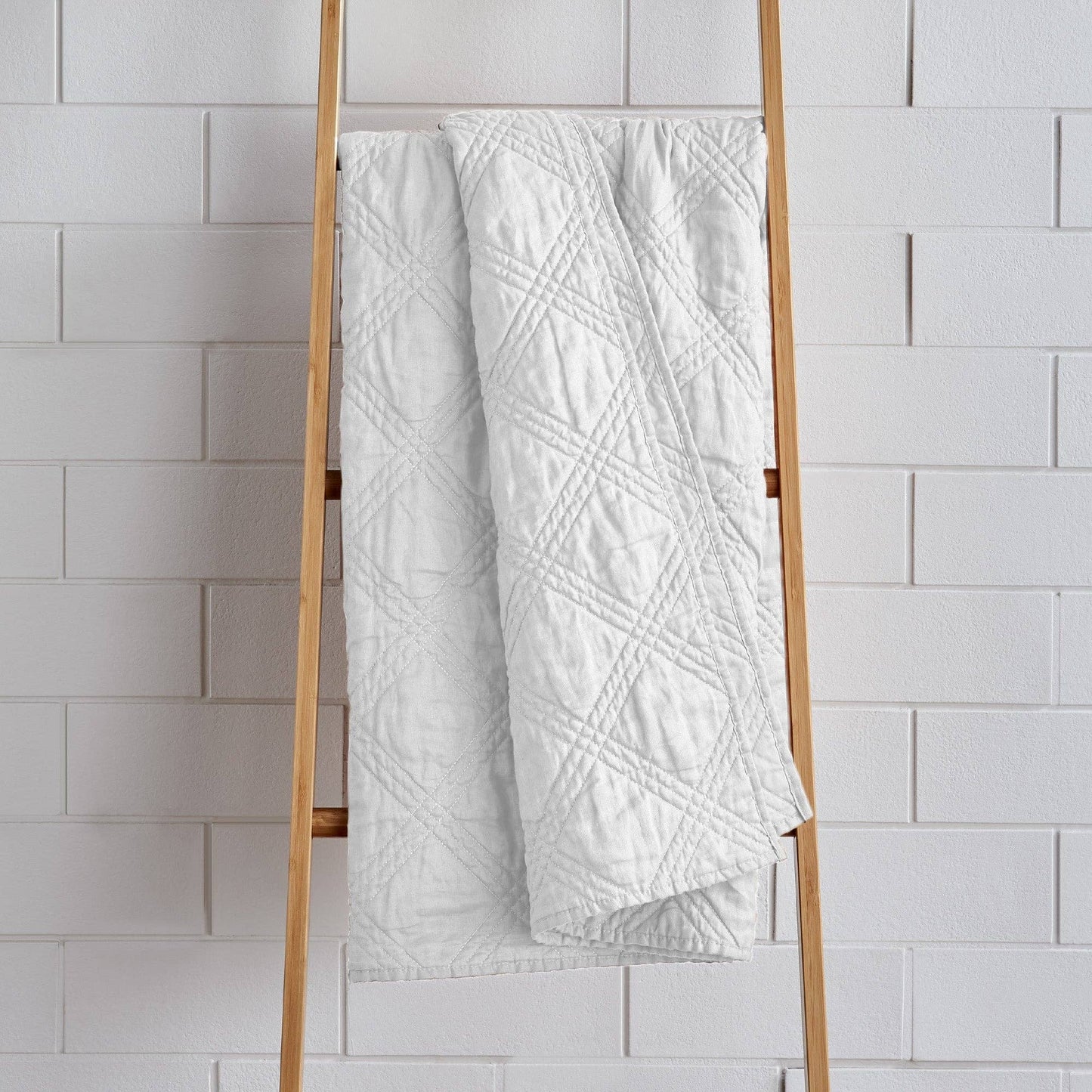 French Flax Washed Linen Quilted Throw: White