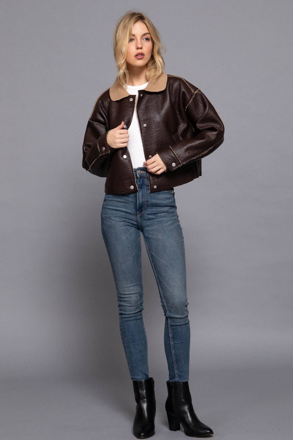 Long Sleeve Faux Leather Inner Fur Jacket: BRN-dark chocolate / L