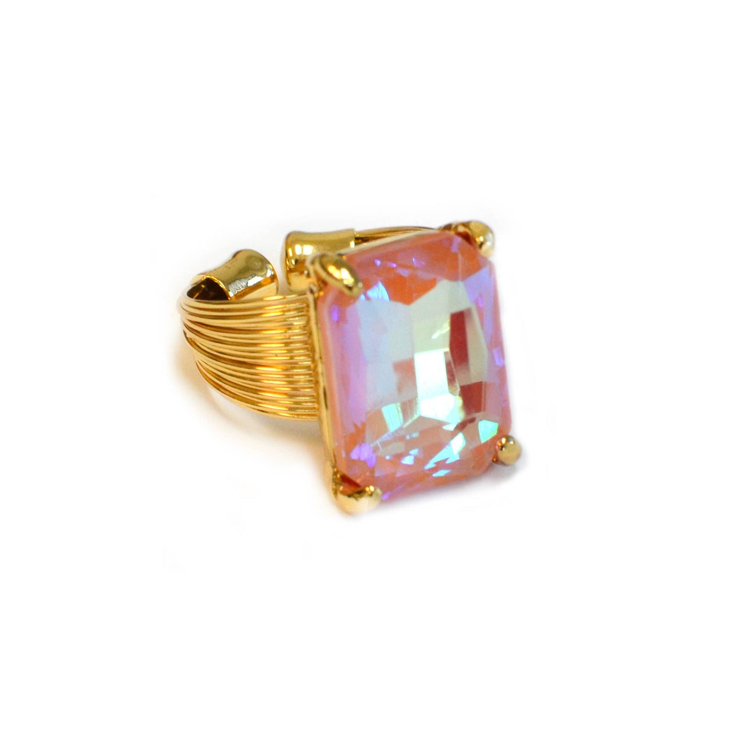 Square Glass Cushion Cut Cocktail Adjustable Wire Ring: GREEN-AB