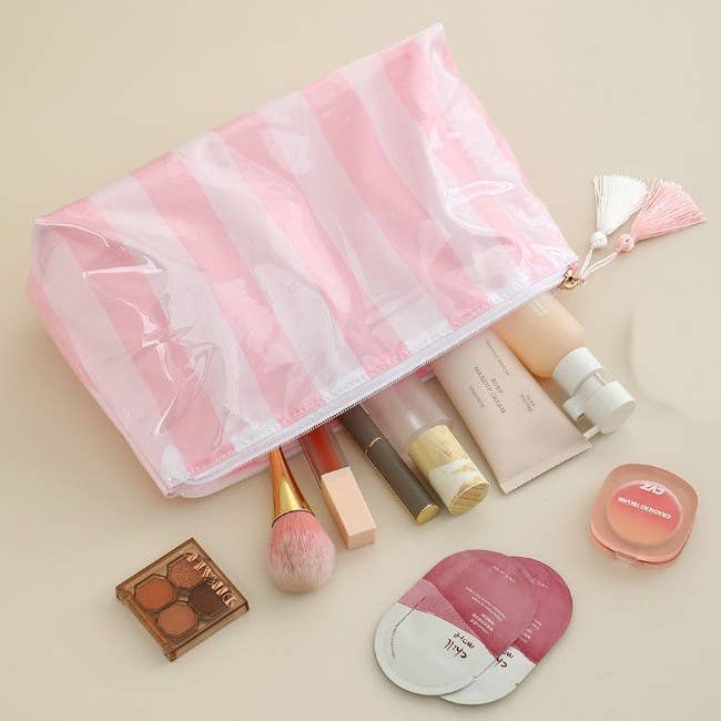 PINK RED: TRAVEL STRIPE COSMETIC MAKEUP POUCH BAG