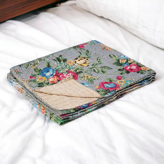 50X70" Pink Gray and Blue Kantha Cotton Floral Throw Blanket