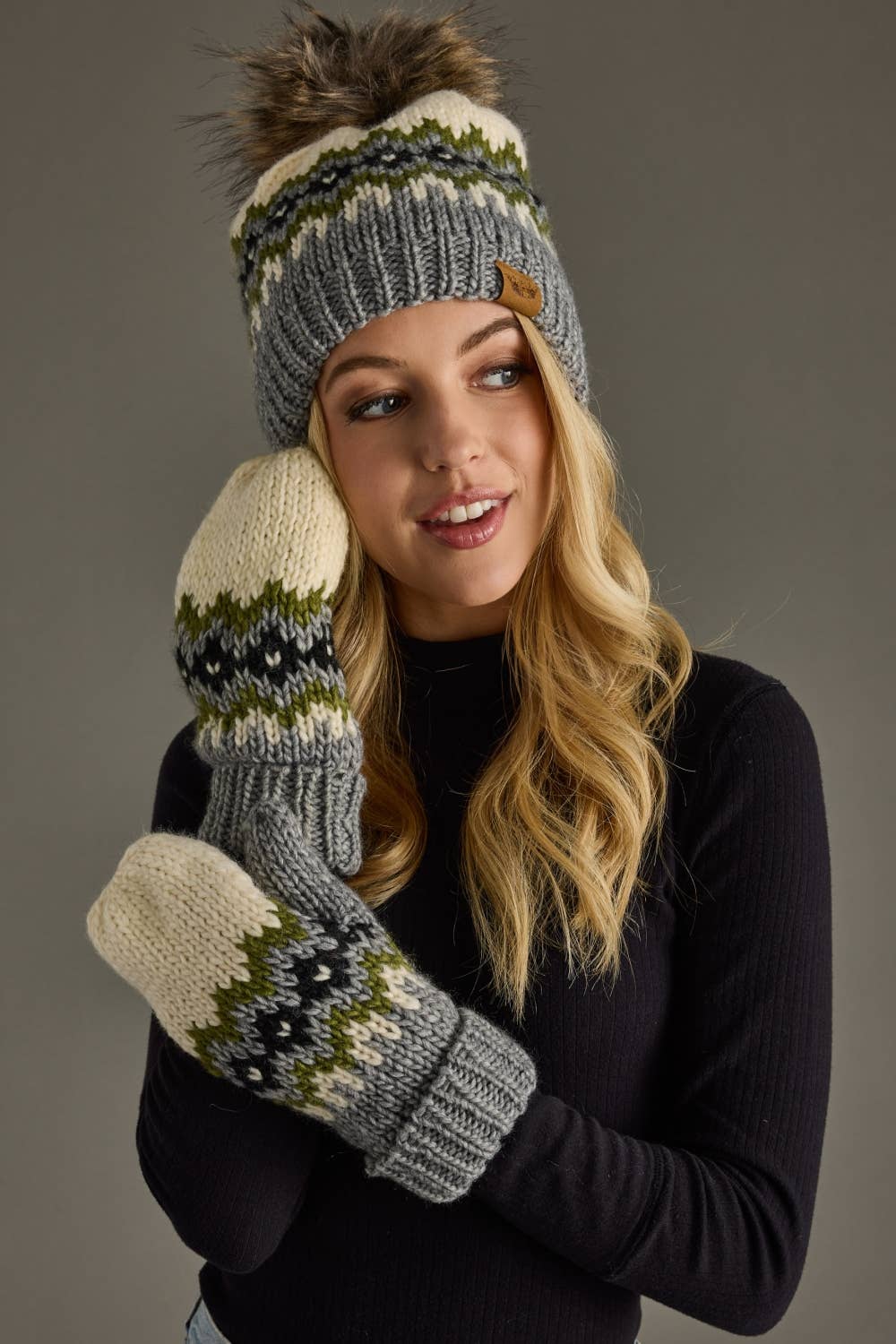Cream, Green, Black & Gray Patterned Pom Hat