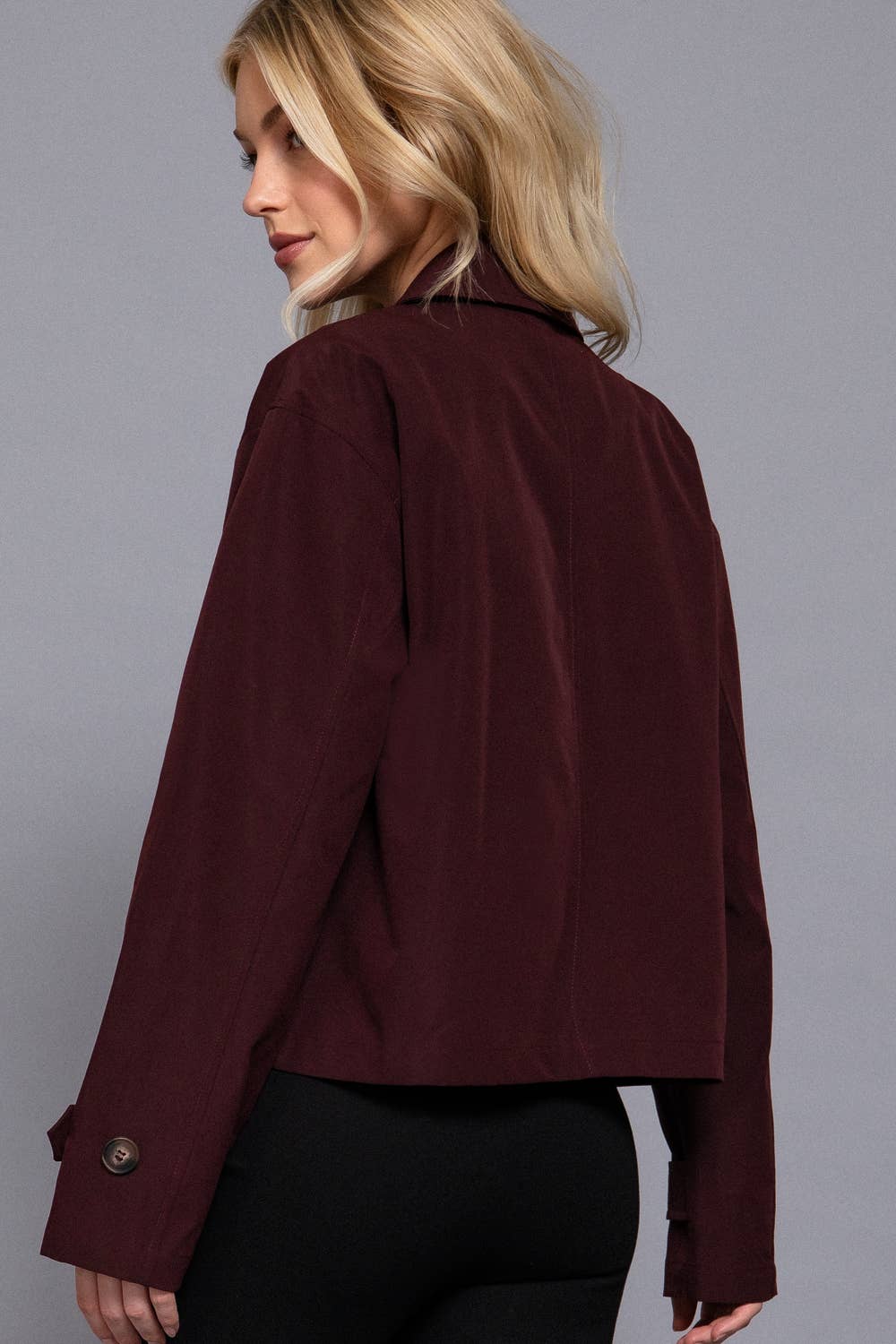 S-Long Sleeve Front Double Breasted Short Trench Jacket: BLK-black