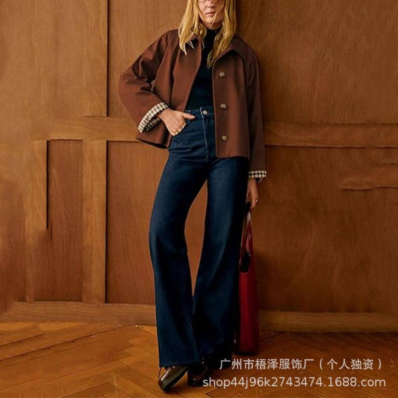 Women's Cropped Trench Jacket Lapel Button Front: Camel / XL
