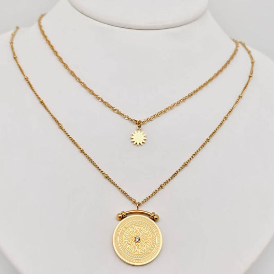 Sun Compass Stainless Steel Charm Double Layer Necklace -FGS