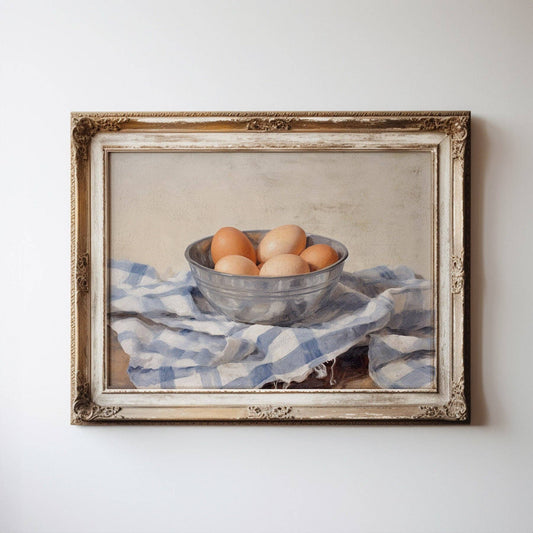Bowl of Eggs on Blue Tea Towel Art Print: 11x14