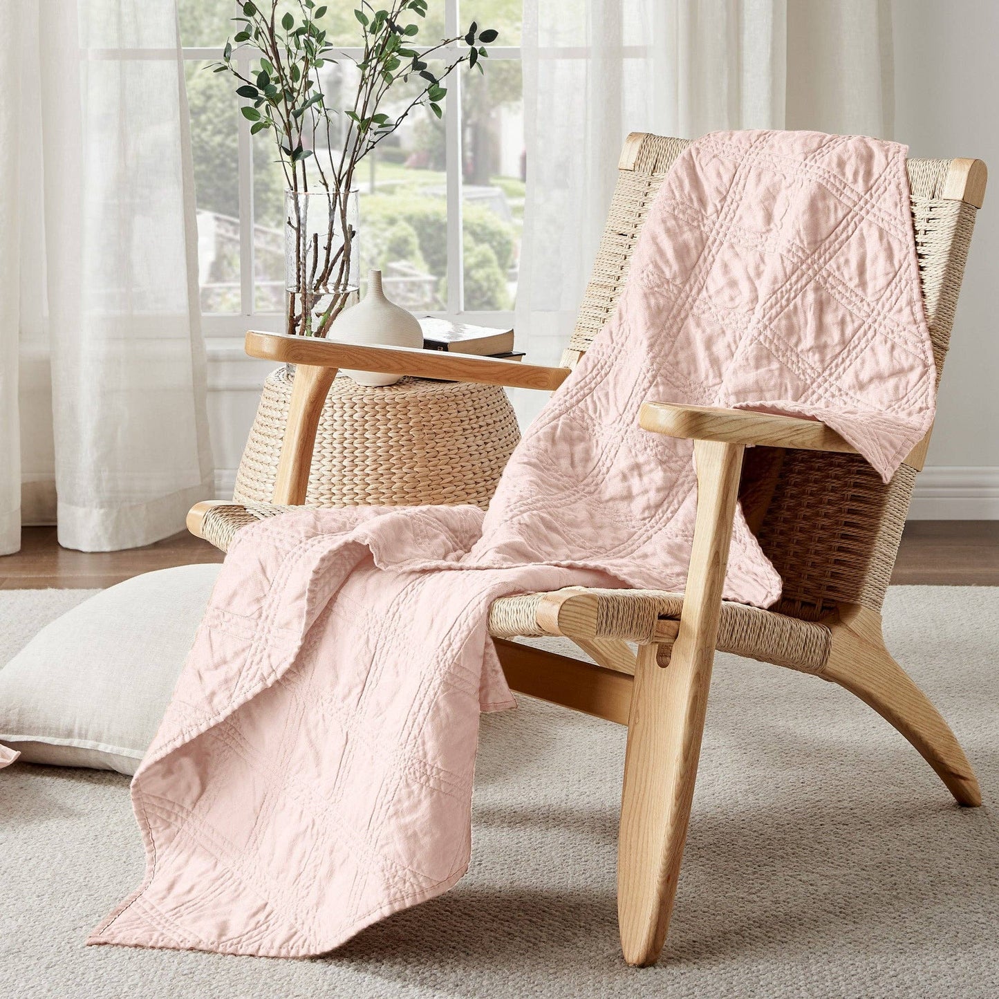 French Flax Washed Linen Quilted Throw: Blush
