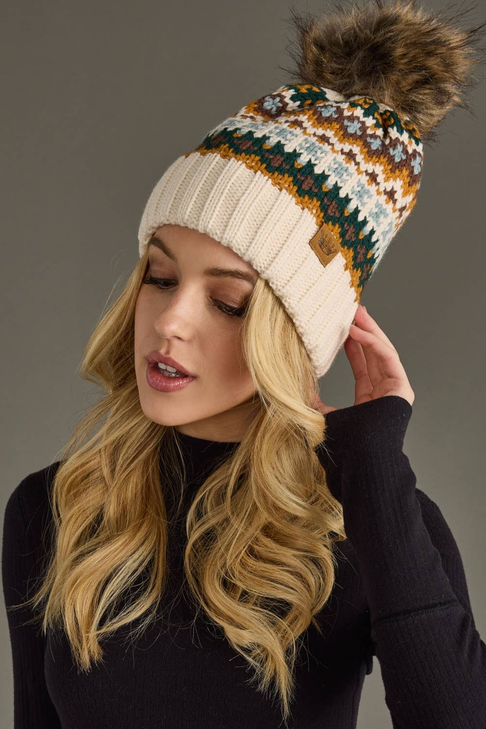 Cream & Multicolored Patterned Pom Hat