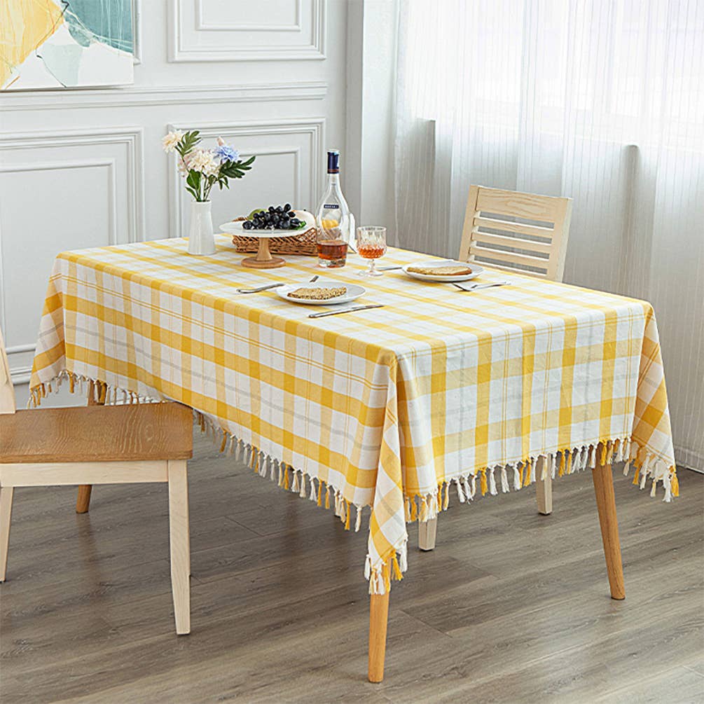 Yellow & White Plaid Cotton Blend  Tablecloth with Tassels