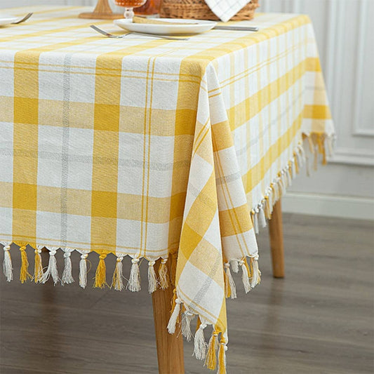 Yellow & White Plaid Cotton Blend  Tablecloth with Tassels: 56"X80"