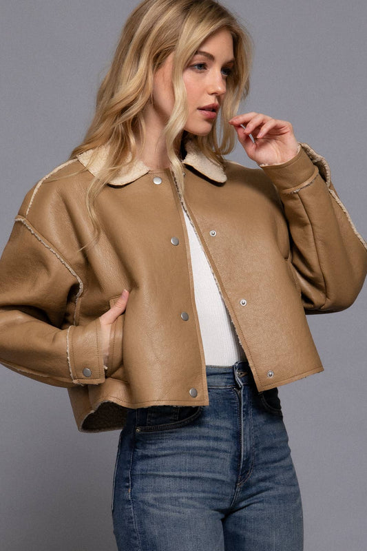Long Sleeve Faux Leather Inner Fur Jacket: KHA-toffee / S