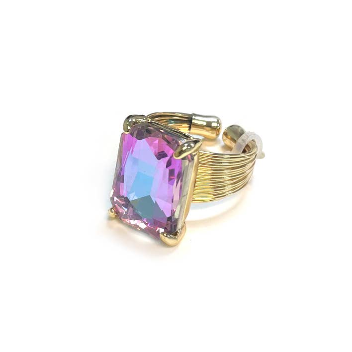 Square Glass Cushion Cut Cocktail Adjustable Wire Ring: ROSE-AB