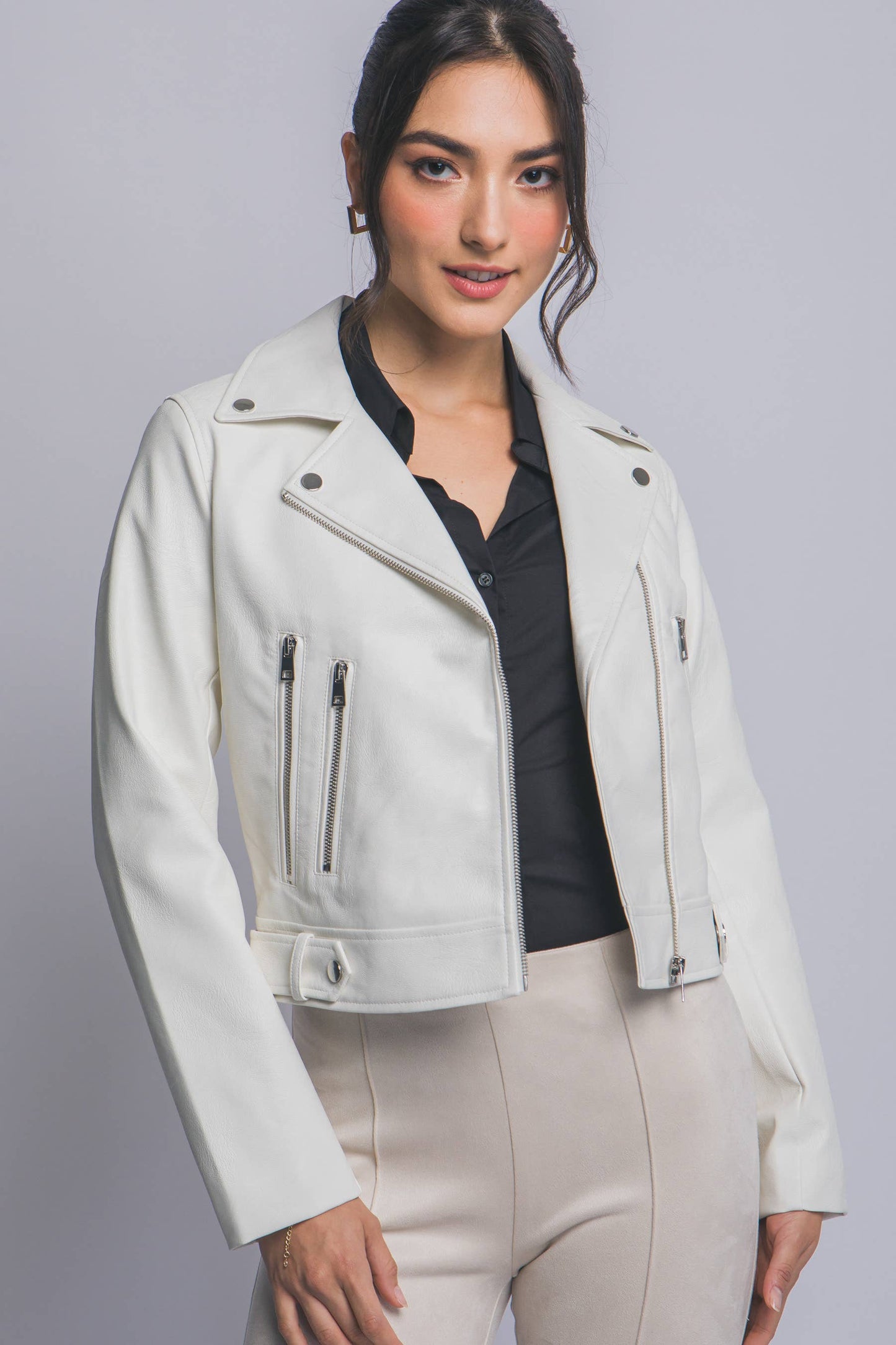 Faux Leather Moto Jacket W/ Asymmetrical Zip Up SI-29109: ESPRESSO-202833 / L