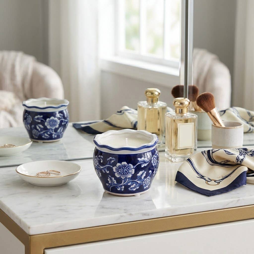 Candle - Blue/White Ceramic Chinoiserie Peony, 7 Oz