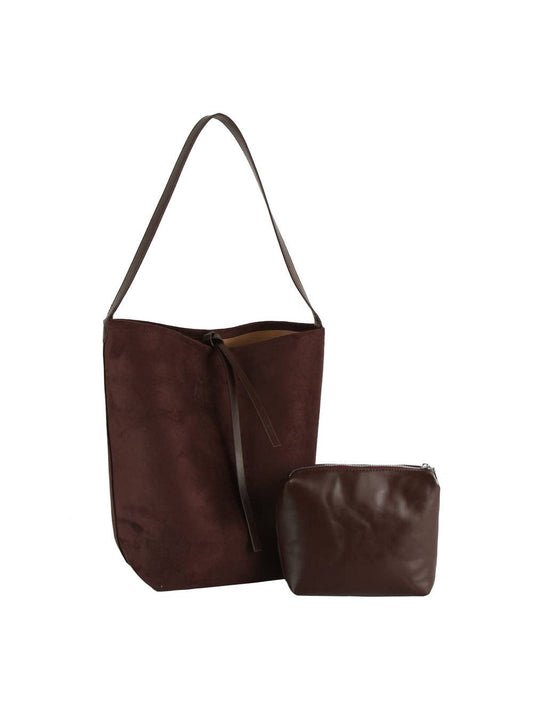 Coffee Suede Bucket Bag with Clutch