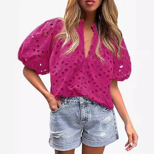Eyelet high neck short sleeve blouse: White / XL