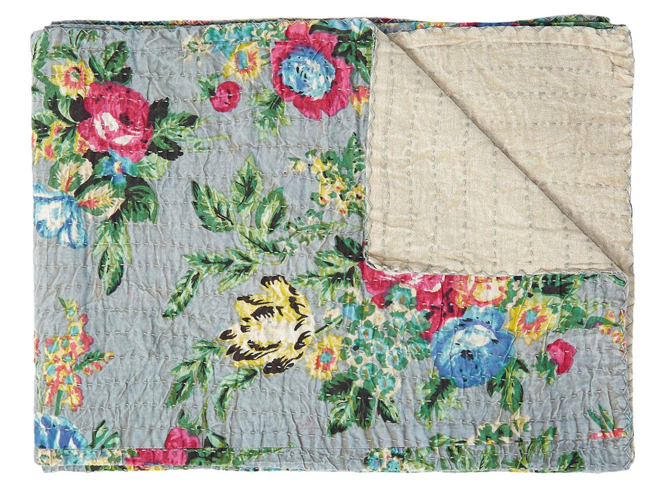 50X70" Pink Gray and Blue Kantha Cotton Floral Throw Blanket