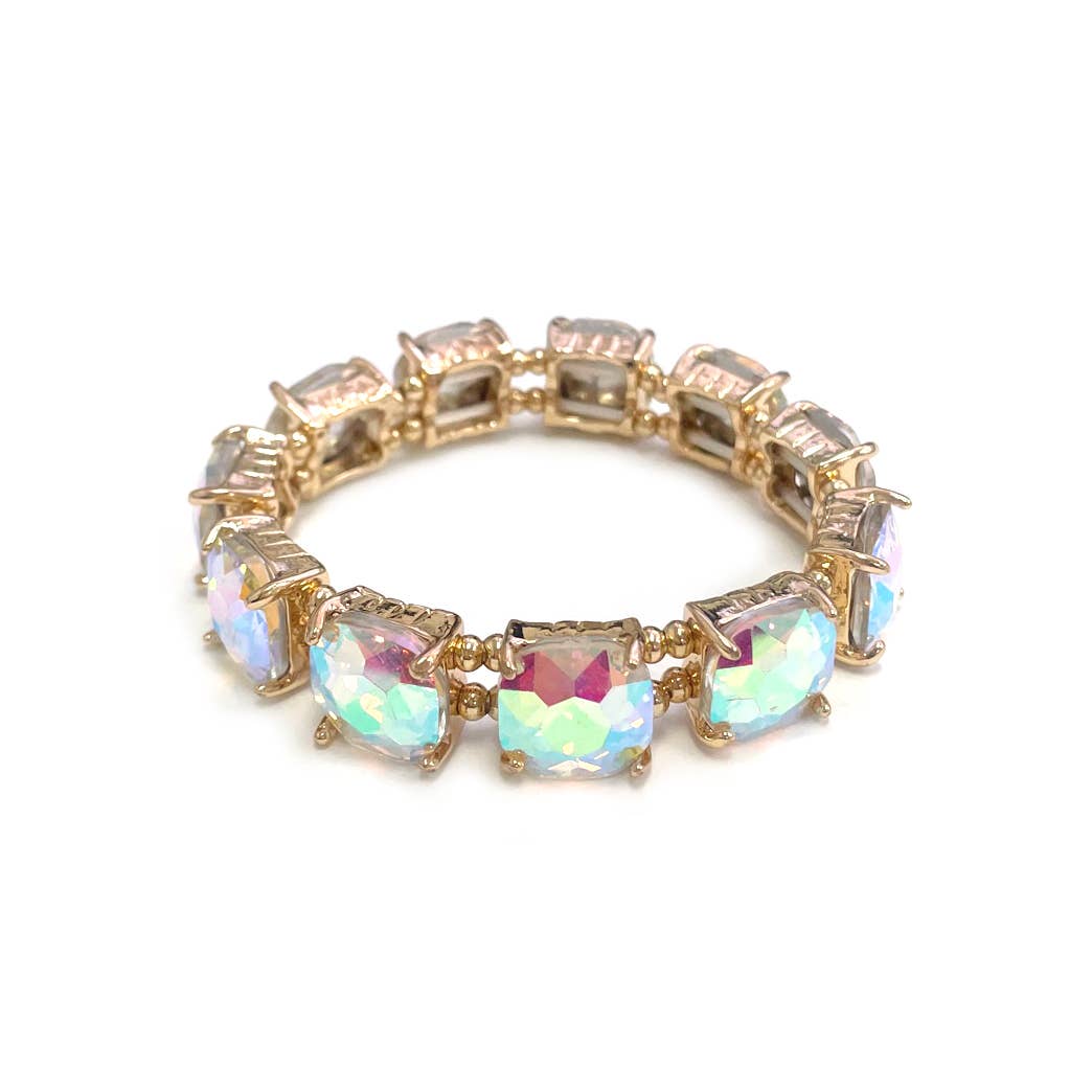 Cushion Cut Glass Crystal Linked Stretch Bracelet: MINT-AB