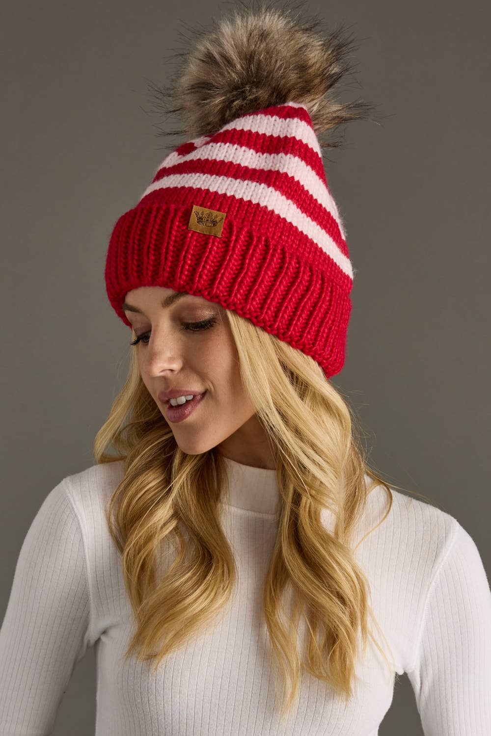 Red & Pink Striped Pom Hat