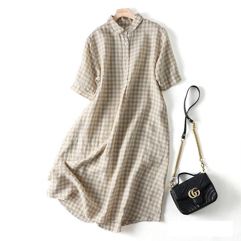 Short Sleeve Lapel A-Line Ramie Cotton Casual Retro Dress: BLACK / M