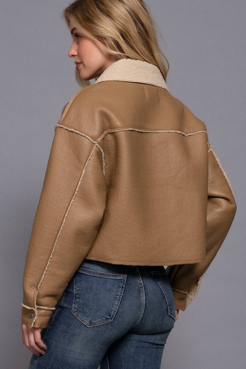 Long Sleeve Faux Leather Inner Fur Jacket: BLK-black / S