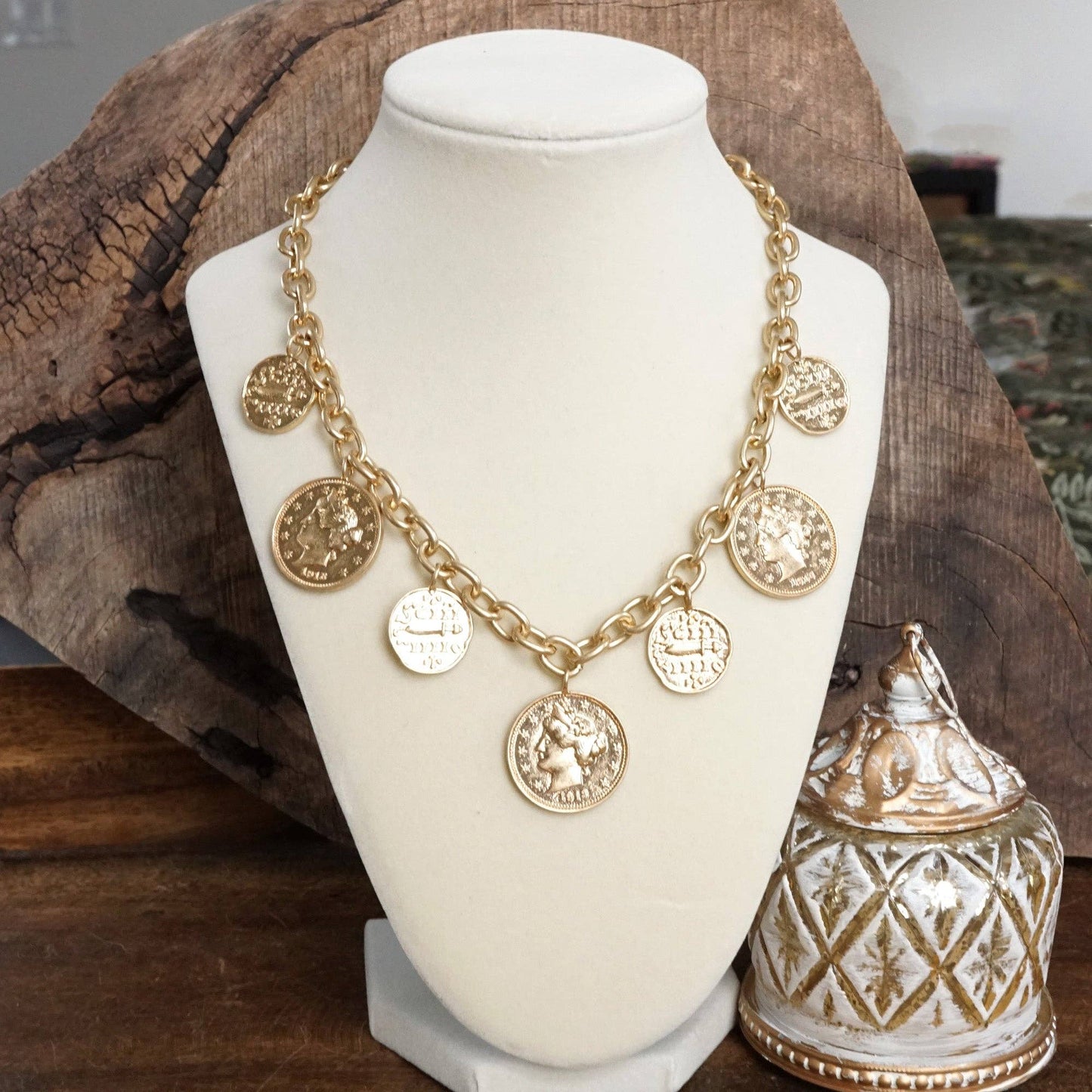 Boho Coin Charms Statement Necklace – Gold Tone