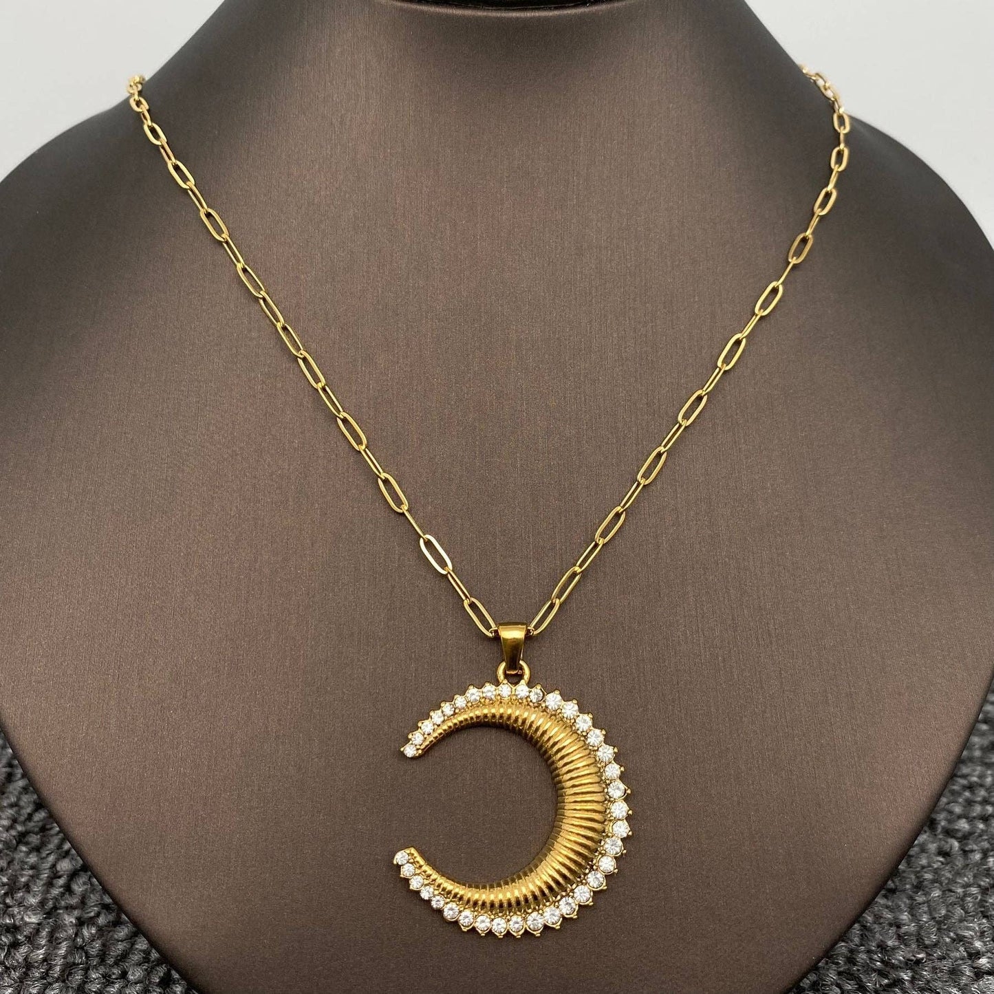 Inlaid CZ Crescent Moon 18K Golden SS Necklace - FGS/MS
