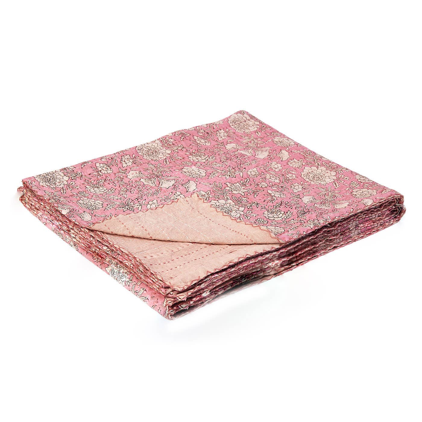 50" X  70" Pink And Blush Floral Cotton Quilted Kantha Throw Blanket with Embroidery: 50"x70"