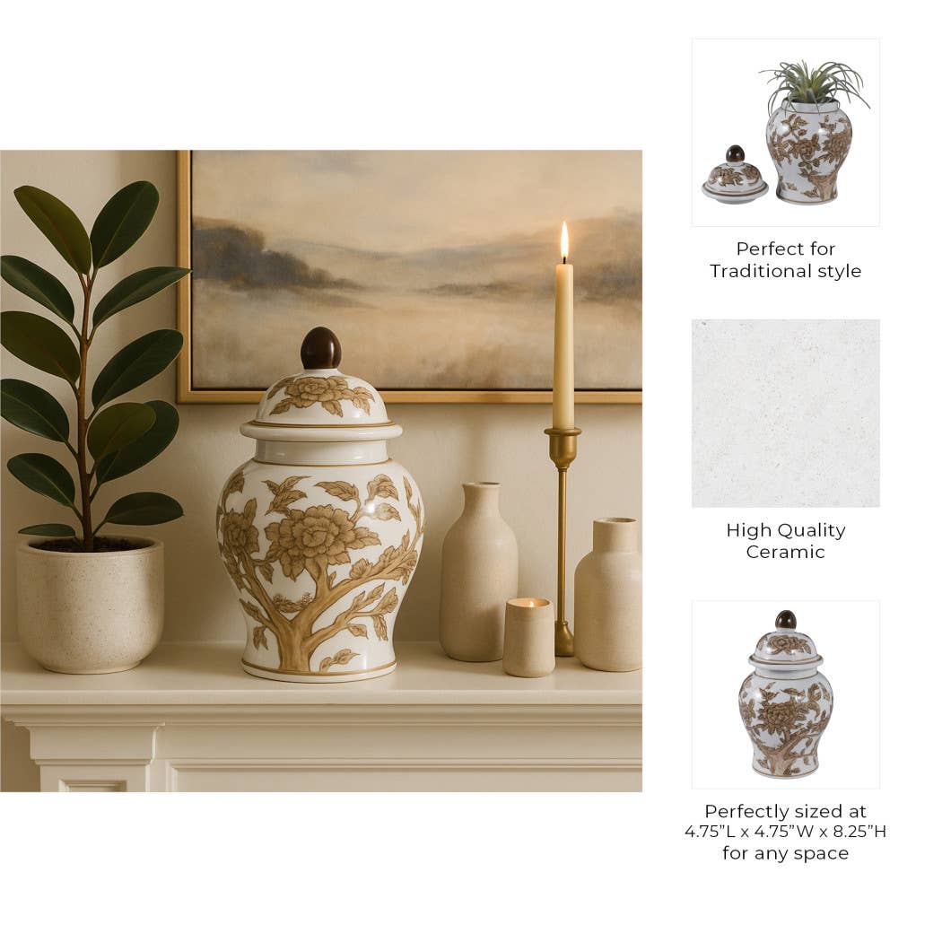 Brown Chinoiserie Lidded Jar - 8"