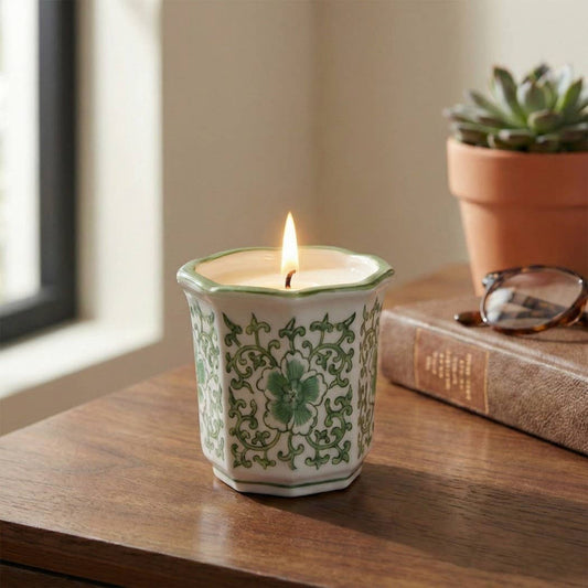 Plumeria -Green and White Ceramic, 6 Oz