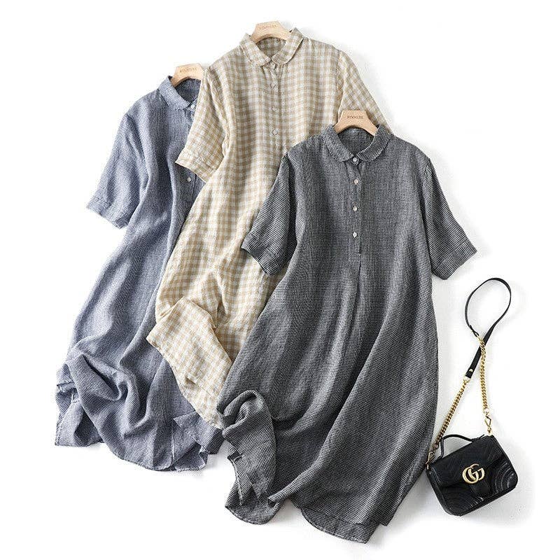 Short Sleeve Lapel A-Line Ramie Cotton Casual Retro Dress: BLACK / M