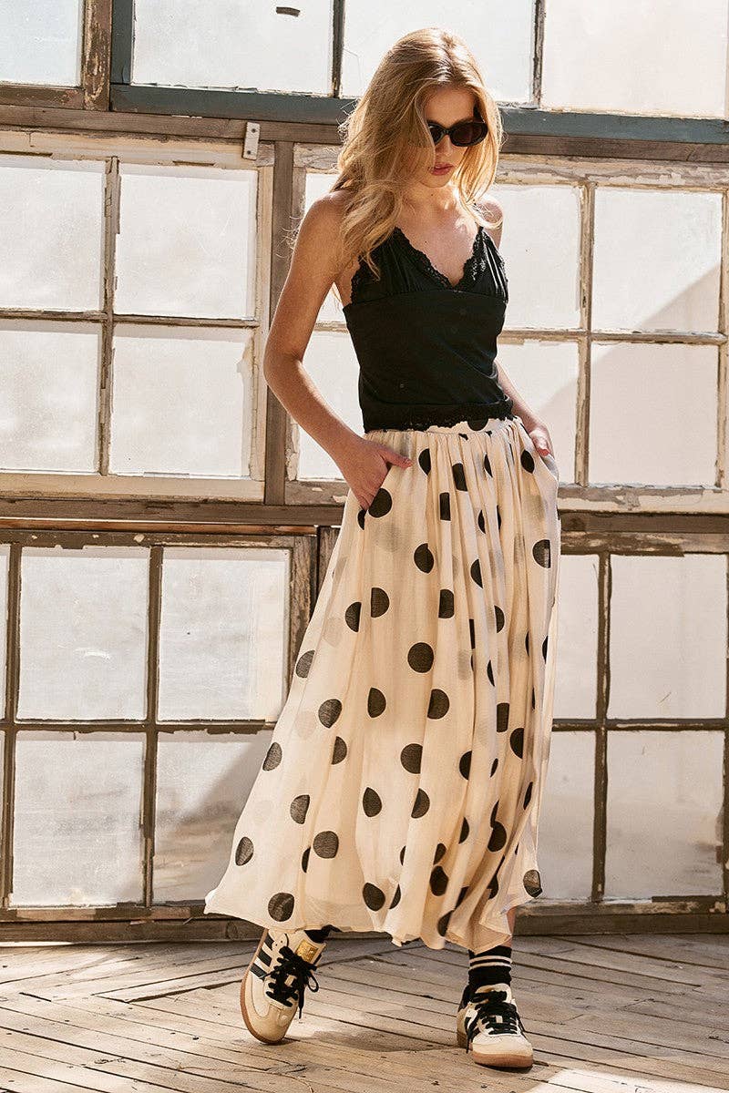 Polka Dot Pleated Midi Skirt w/Flowing Silhouette: CREAM
