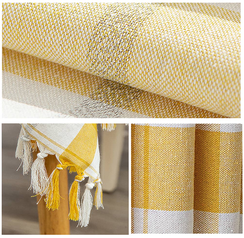 Yellow & White Plaid Cotton Blend  Tablecloth with Tassels: 56"X80"