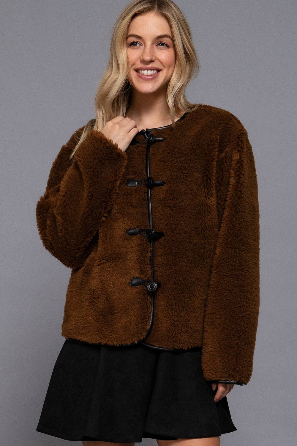 M-Long Sleeve Crew Neck with Toggle Look Button Fluffy Jacket: BRN-brown