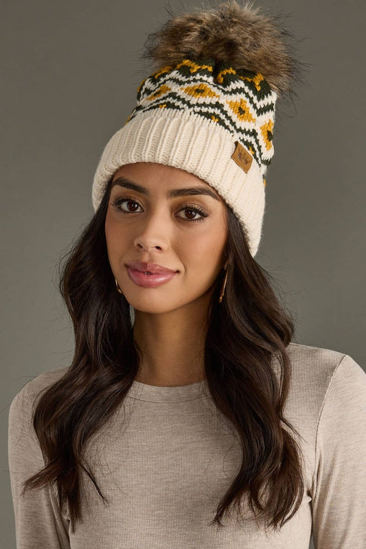 Cream, Olive & Mustard Patterned Pom Hat