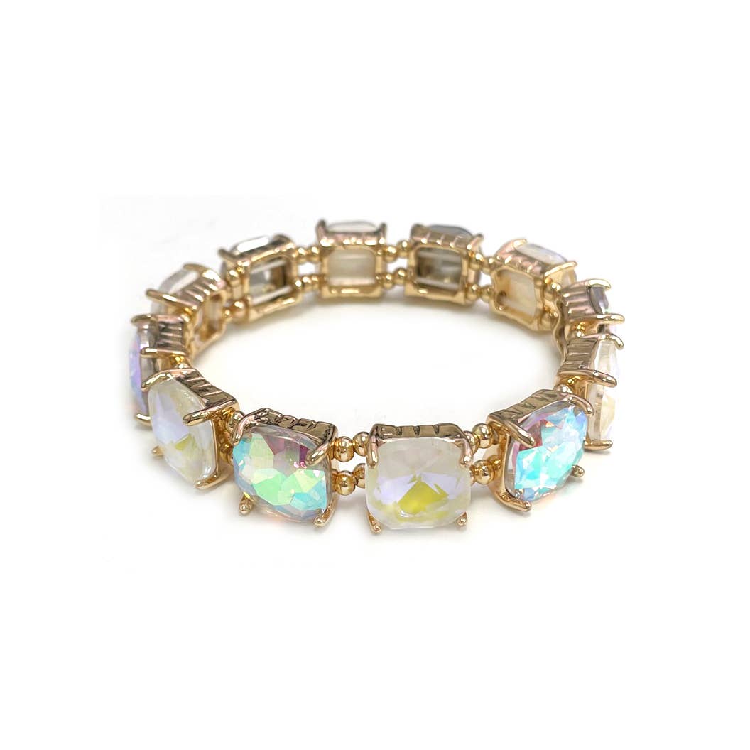 Cushion Cut Glass Crystal Linked Stretch Bracelet: MINT-AB