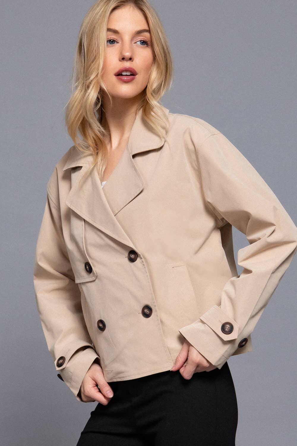 S-Long Sleeve Front Double Breasted Short Trench Jacket: BLK-black