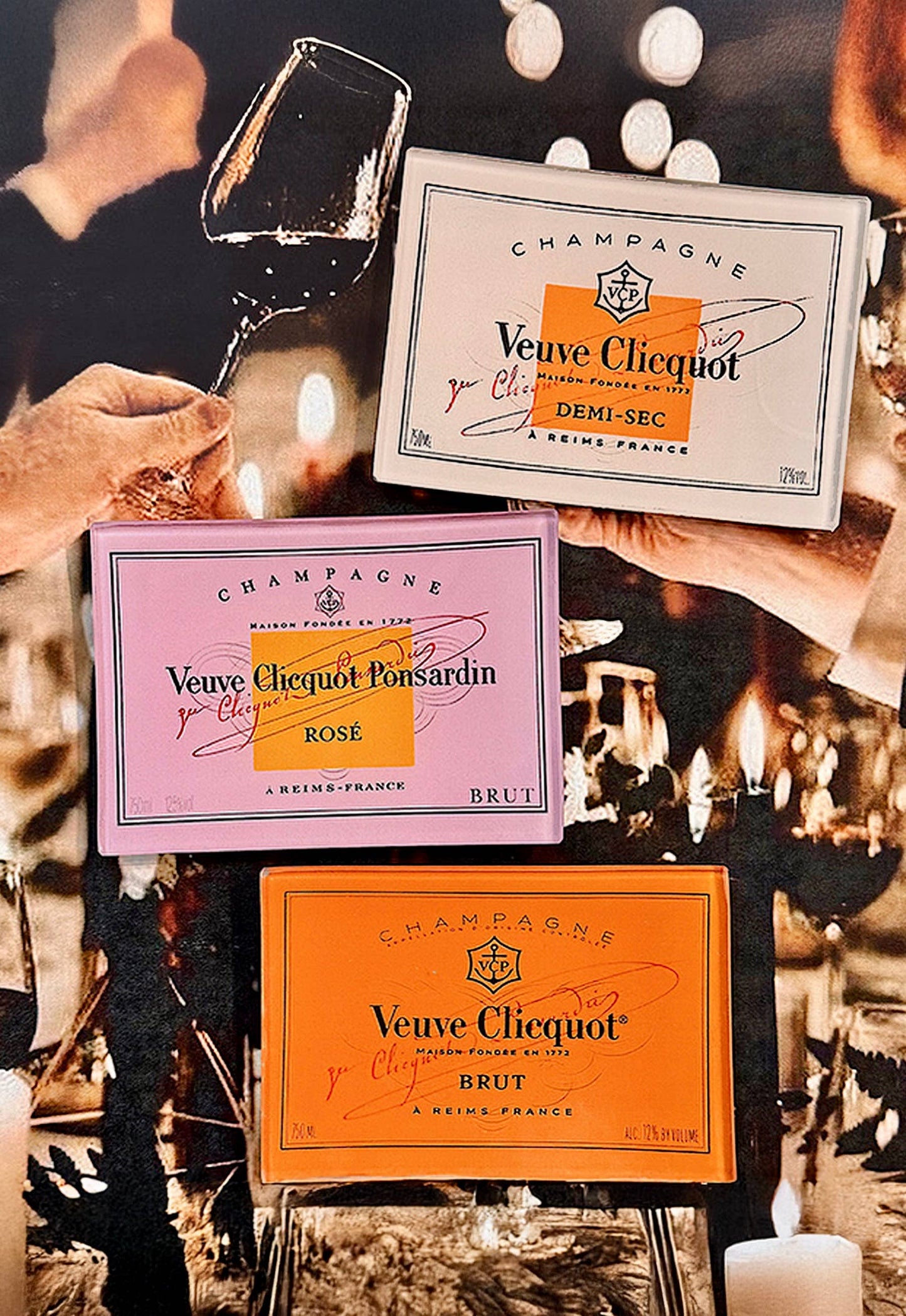 Veuve Cliciquot Pink Decoupage Glass Tray: (2) 3.5"X 5.5"