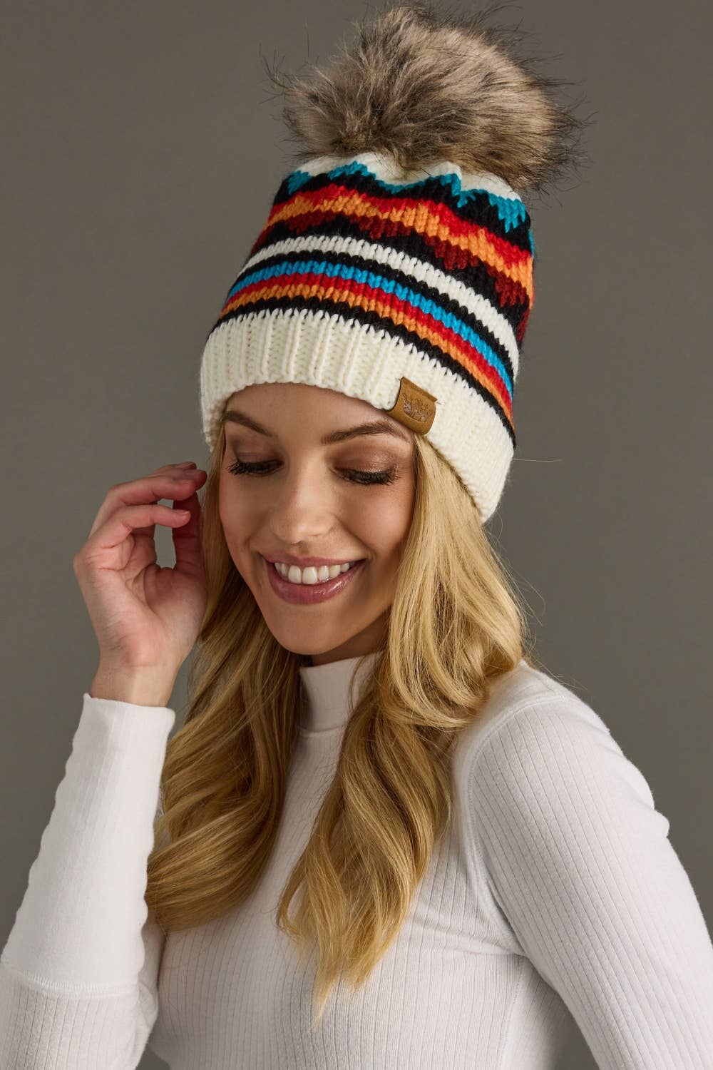 Ivory & Colorful Patterned Pom Hat