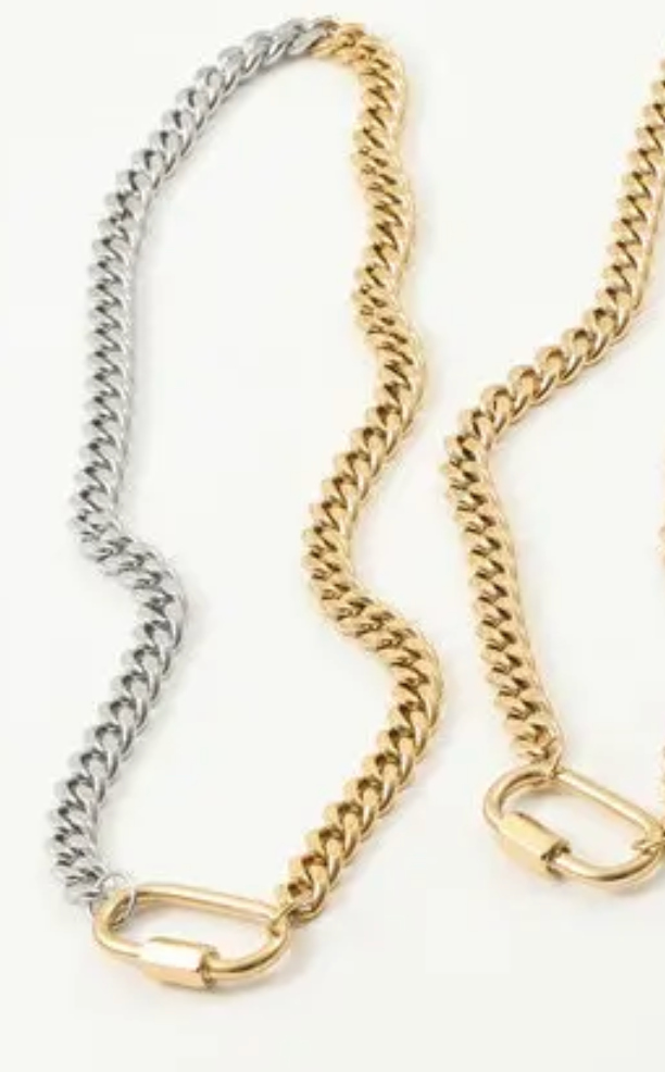 Carabiner  Stainless Steel Necklace Two Tone-opens: Silver
