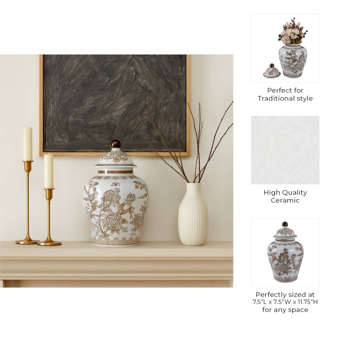 Decorative Jar - Brown/White Ceramic Chinoiserie Bird, 12 in