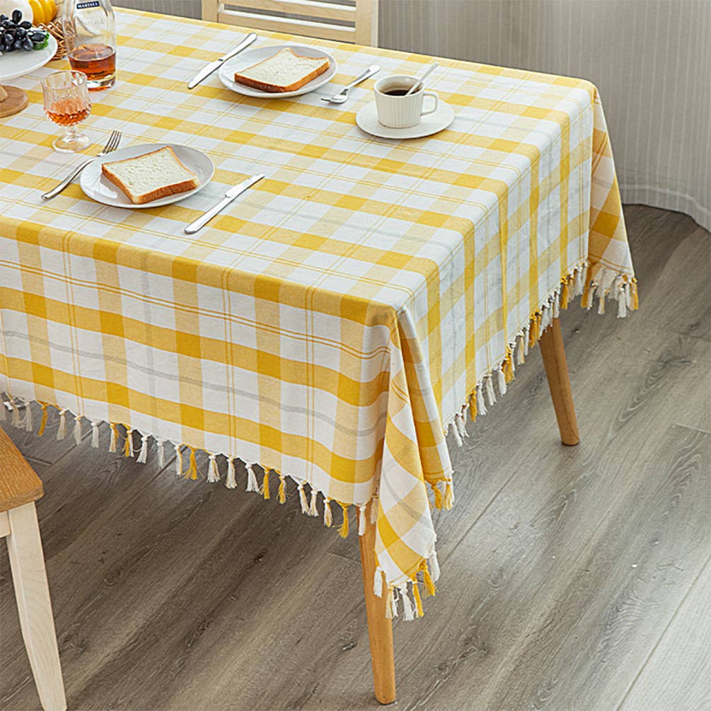 Yellow & White Plaid Cotton Blend  Tablecloth with Tassels