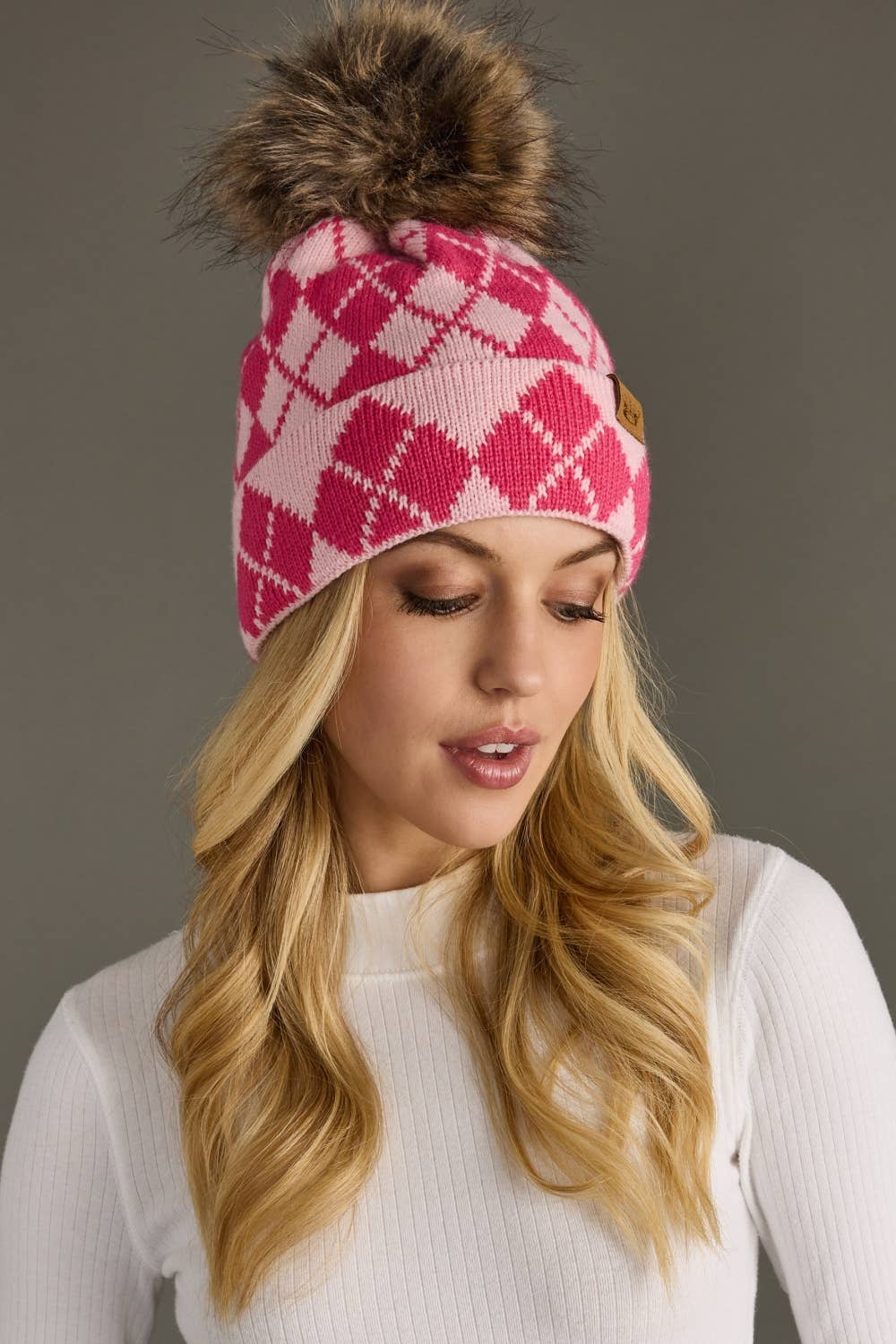 Pink & Blush Argyle Pattern Pom Hat