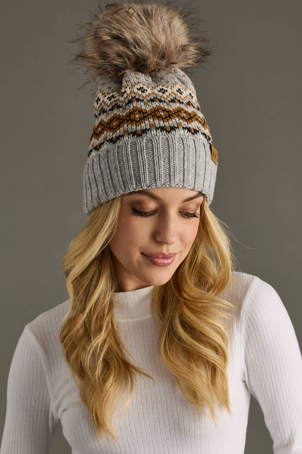 Gray, Camel & Black Patterned Pom Hat