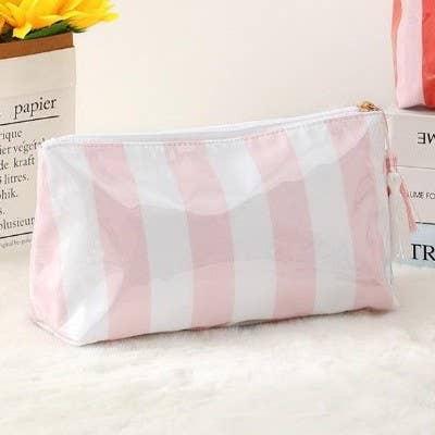 PINK RED: TRAVEL STRIPE COSMETIC MAKEUP POUCH BAG