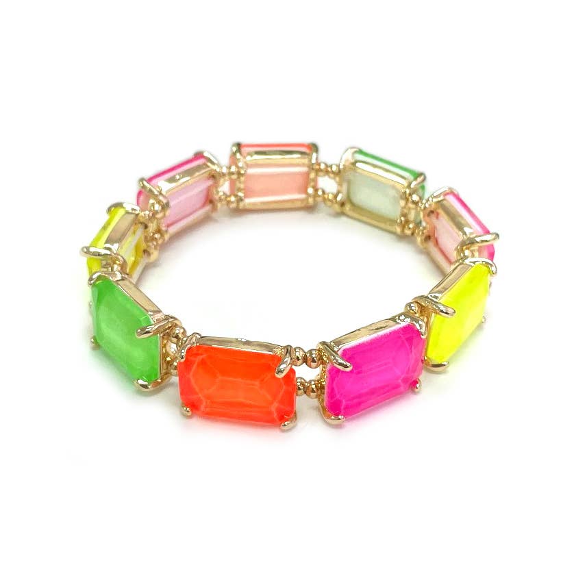 Rectangular Glass Crystal Linked Stretch Bracelet: Black Multi