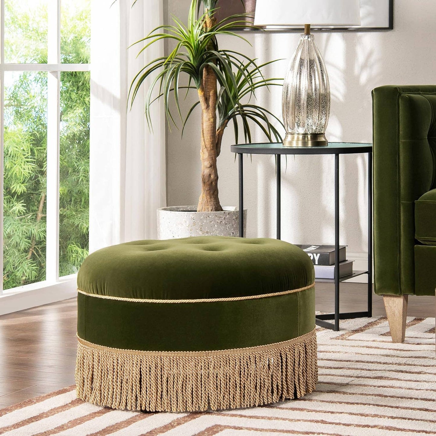 Olive Green: 24" Round Upholstered Accent Ottoman