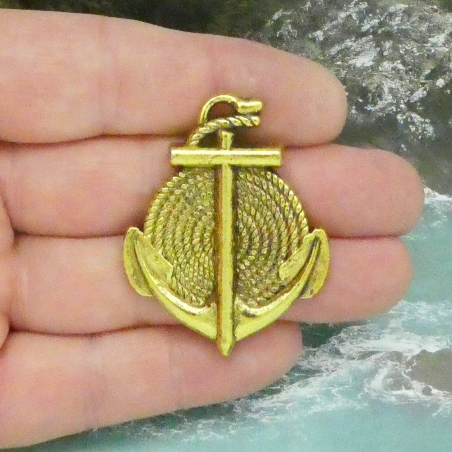 Large Gold Anchor Charm Pendant in Antique Pewter