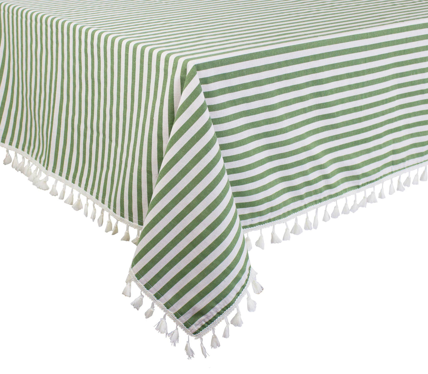 Green Rustic Simply Striped Tasseled Cotton Blend Tablecloth