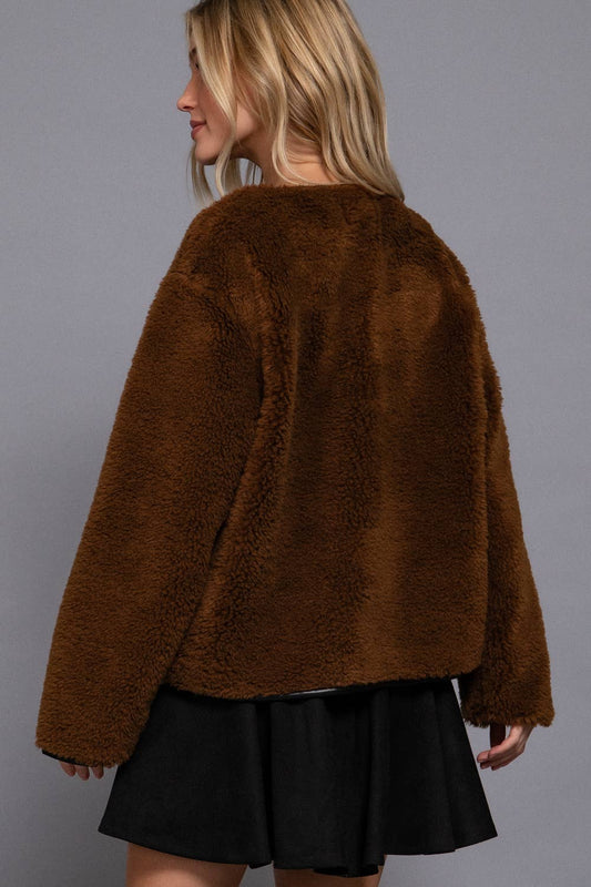 M-Long Sleeve Crew Neck with Toggle Look Button Fluffy Jacket: BRN-brown